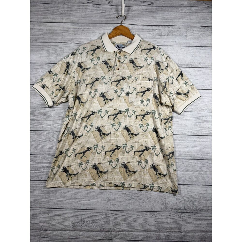 Sun Casuals Men’s Large Golf Print Polo Shirt Beige Cotton Blend 4208
